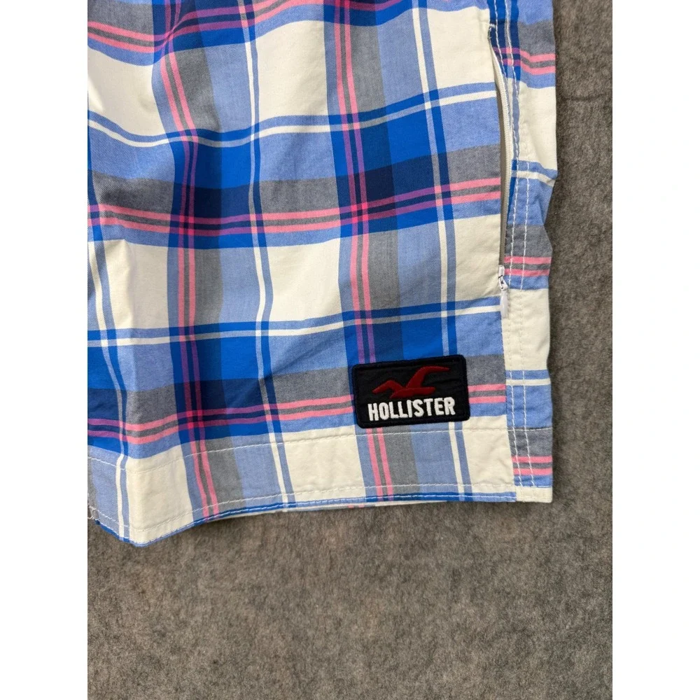 Hollister Mens Blue Pink Plaid Board Shorts Swim Trunks Size M Mesh Lined Pocket